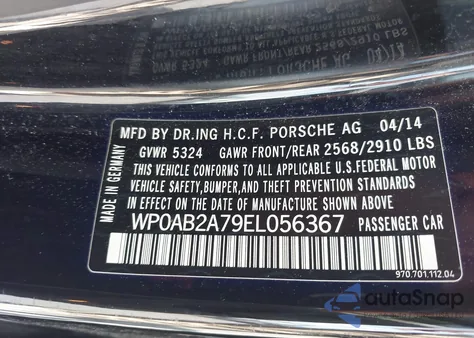 2014 Porsche Panamera S from USA, damaged, VIN WP0AB2A79EL056367